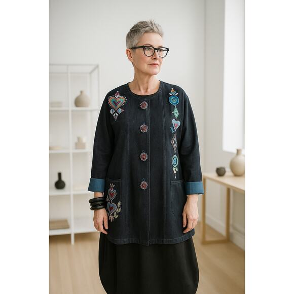 Bob Mackie Wearable Art Vintage Embroidered Black Denim Jacket Small Maximalist - Picture 1 of 11